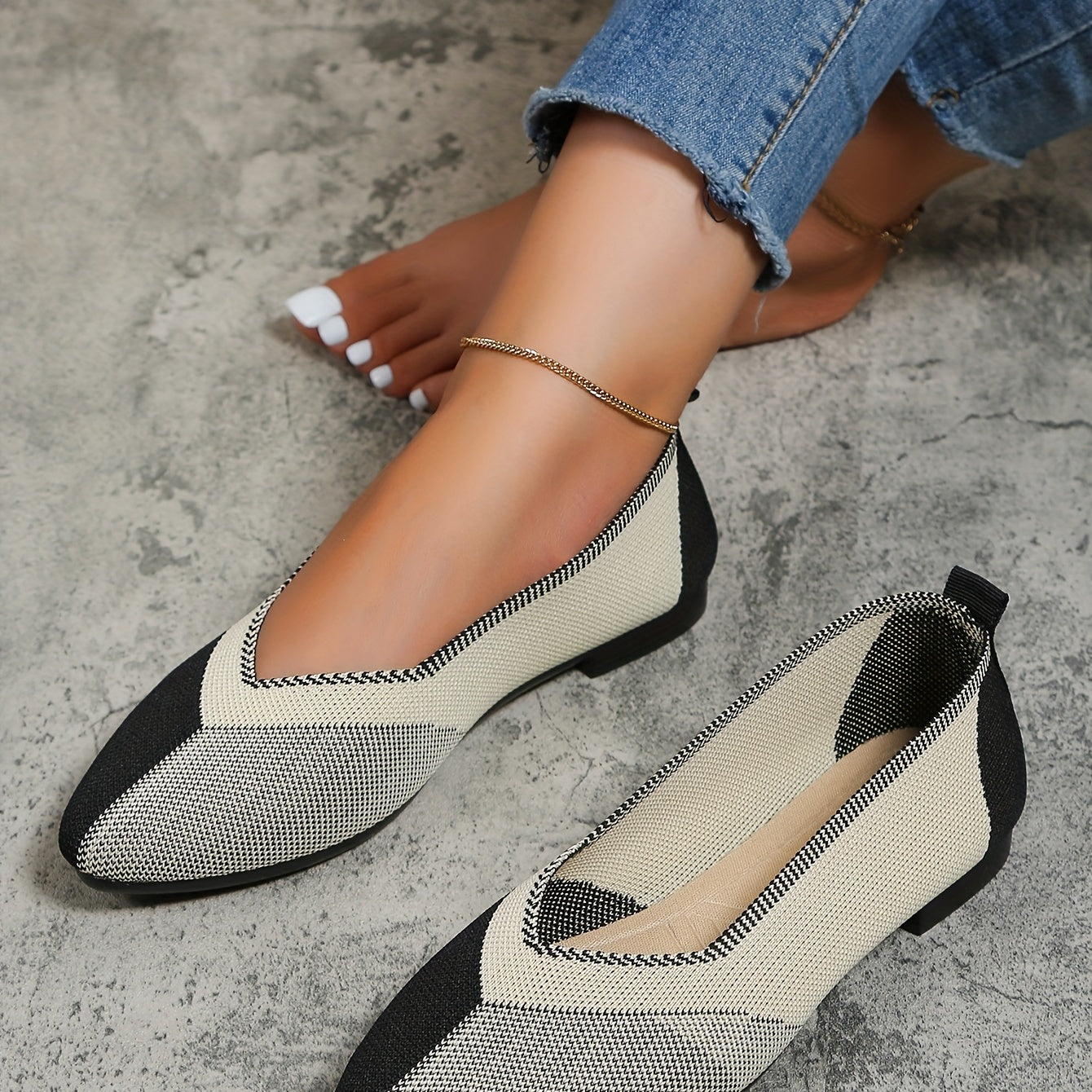 Women's Colorblock Knit Shoes Slip On Low Point Toe Flat Lightweight Shoes