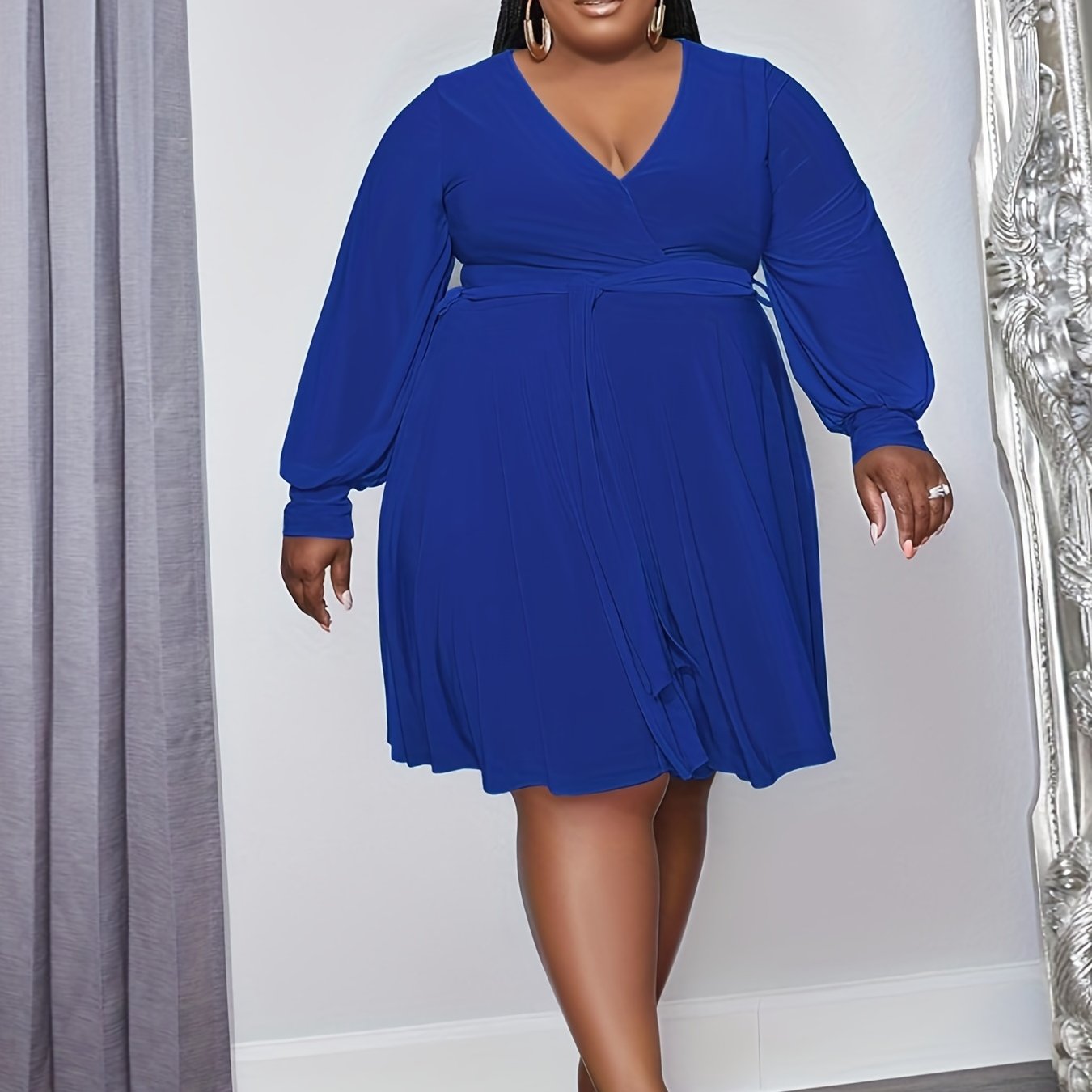 Women's Plus Solid Lantern Sleeve V Neck Flare Dress With Belt