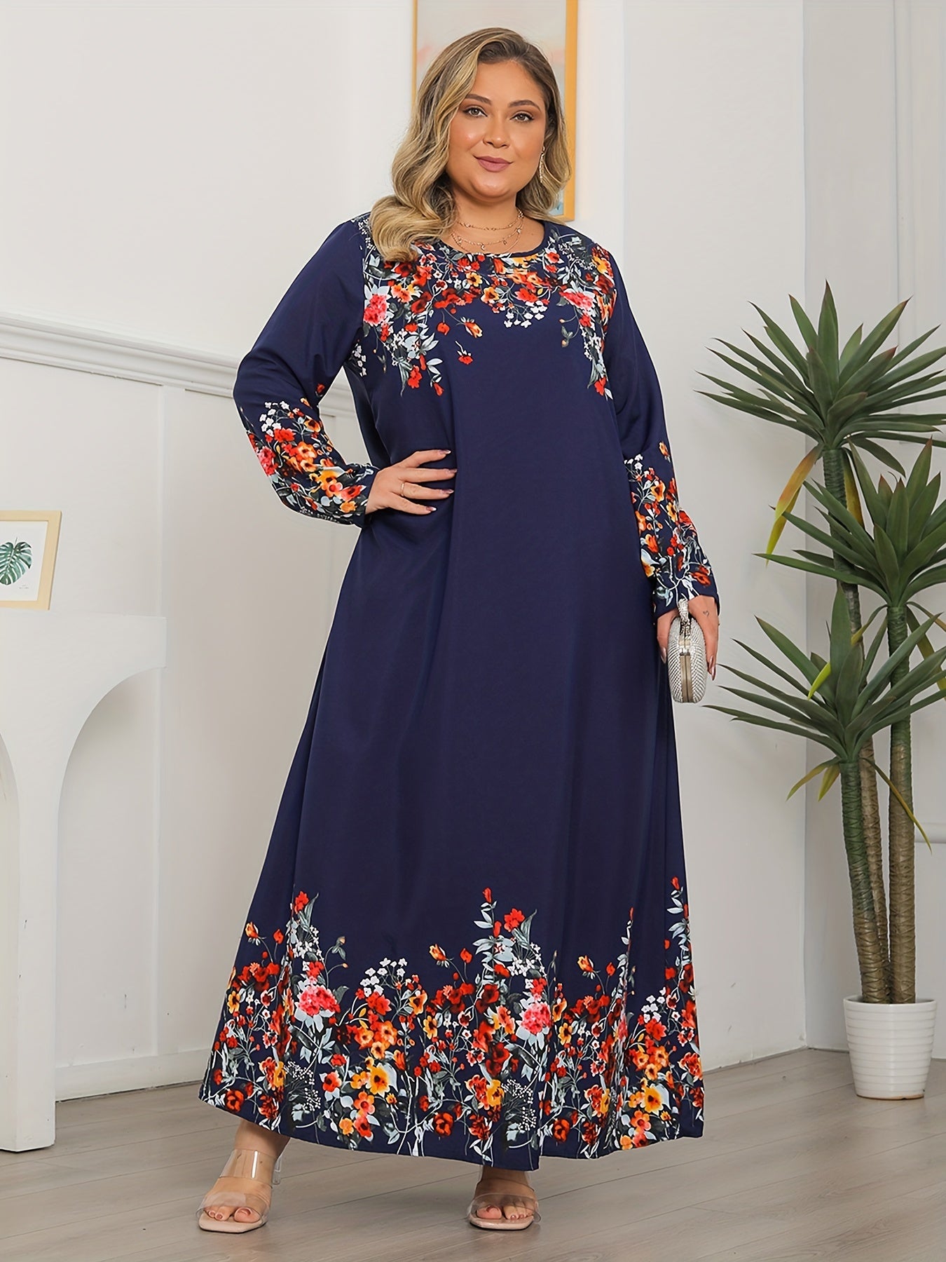 Romantic Abaya Dress Women's Plus Floral Print Long Sleeve