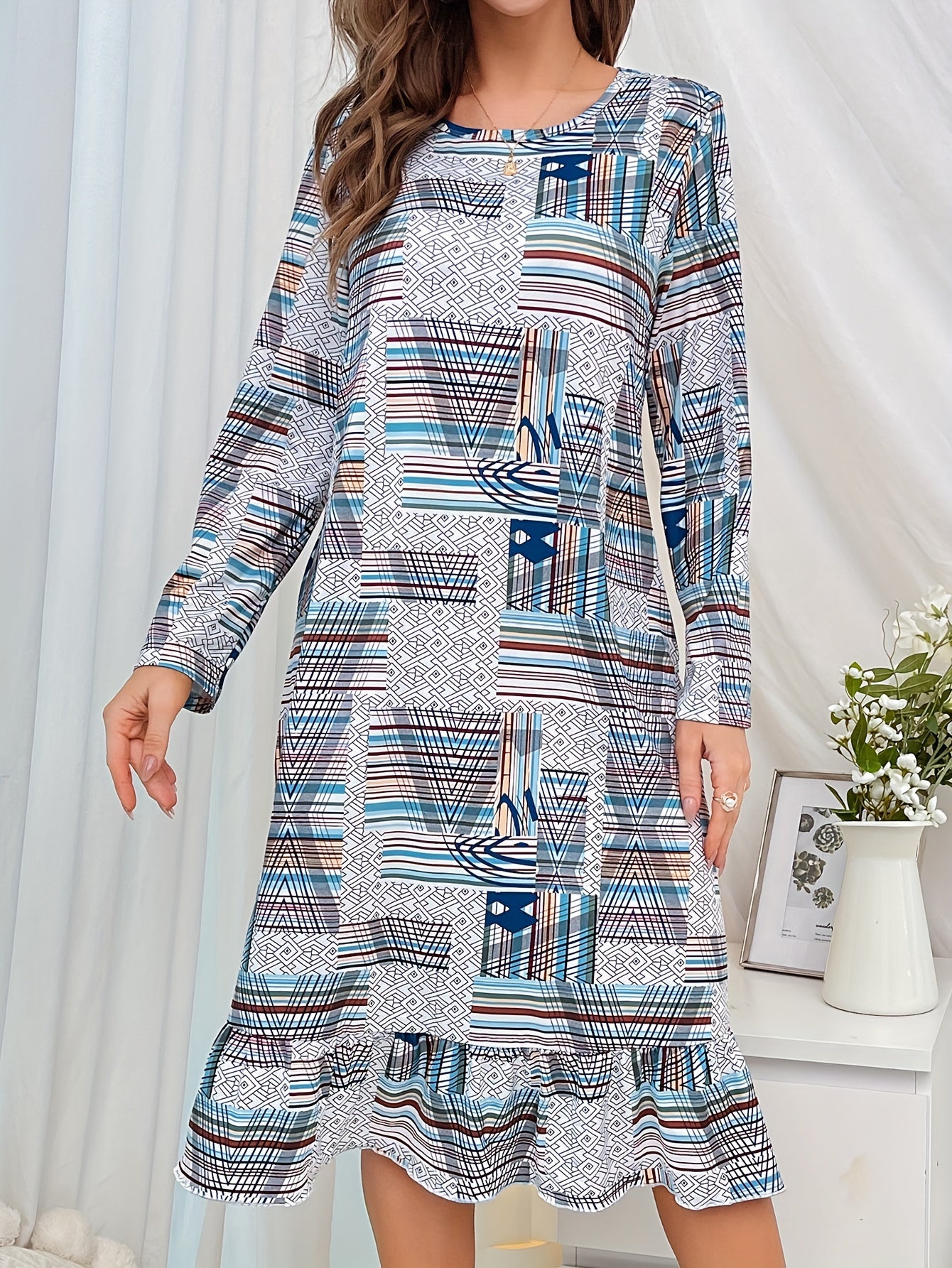 Geometric Pattern Ruffle NightDress Long Sleeve Pajama Dress Women's Sleepwear