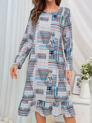 Geometric Pattern Ruffle NightDress Long Sleeve Pajama Dress Women's Sleepwear