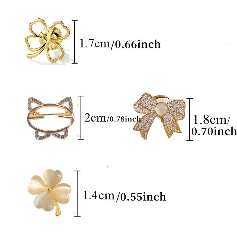 Four Leaf Clover Brooch Metal Lapel Strap Pin Fixed Lucky Clover Bow Knot Pin
