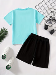 2pcs Boys Casual King Print Tee & Shorts Set Summer Outfits