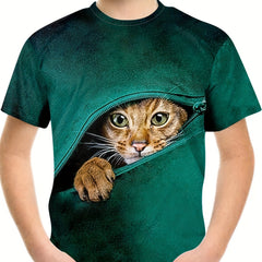 Boy's Zipper & Cat Graphic T shirt Casual Slightly Stretch Tee Kid's Clothing