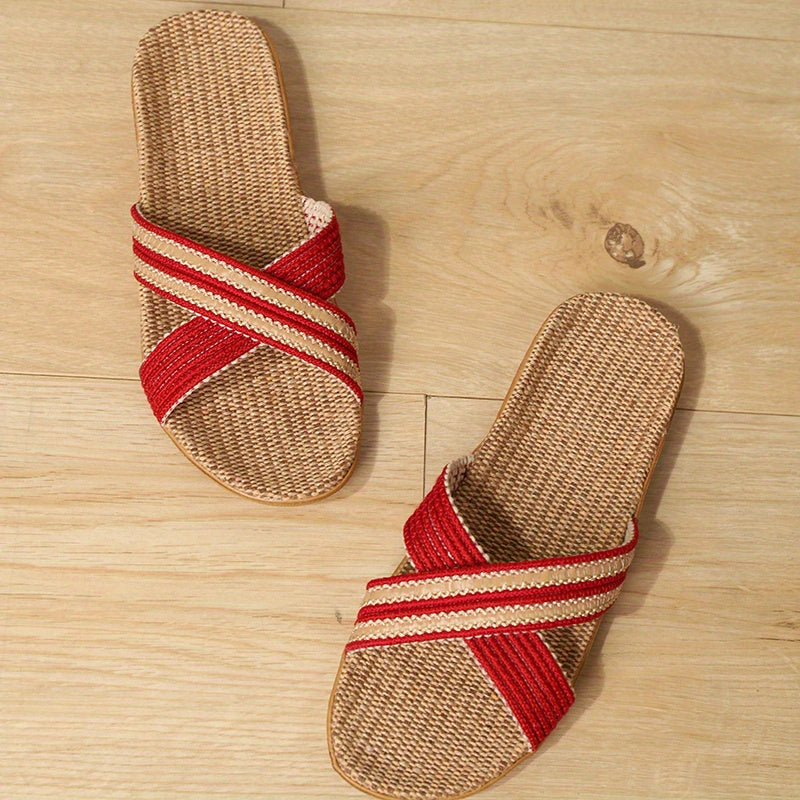 Women's Linen Cross Strap Slides - Breathable Flat Shoes