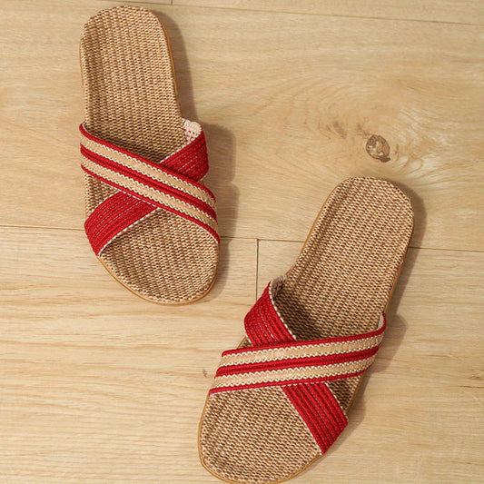 Women's Linen Cross Strap Slides - Breathable Flat Shoes
