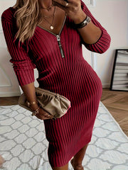Solid Ribbed Long Sleeve Bodycon Midi Dress