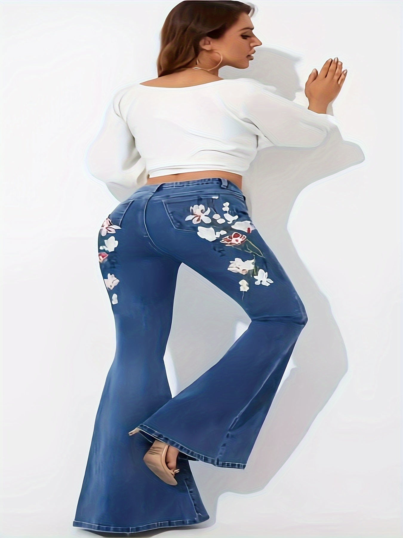 Floral Print Button Fly Flared Leg Jeans