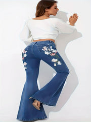Floral Print Button Fly Flared Leg Jeans