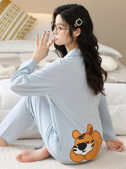 Cartoon Print Pajama Set Long Sleeve Top & Pants Women's Sleepwear