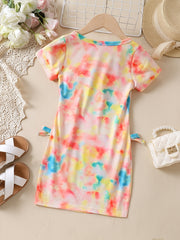 Girls Tie Dye Graphic Bowknot Slim Dress
