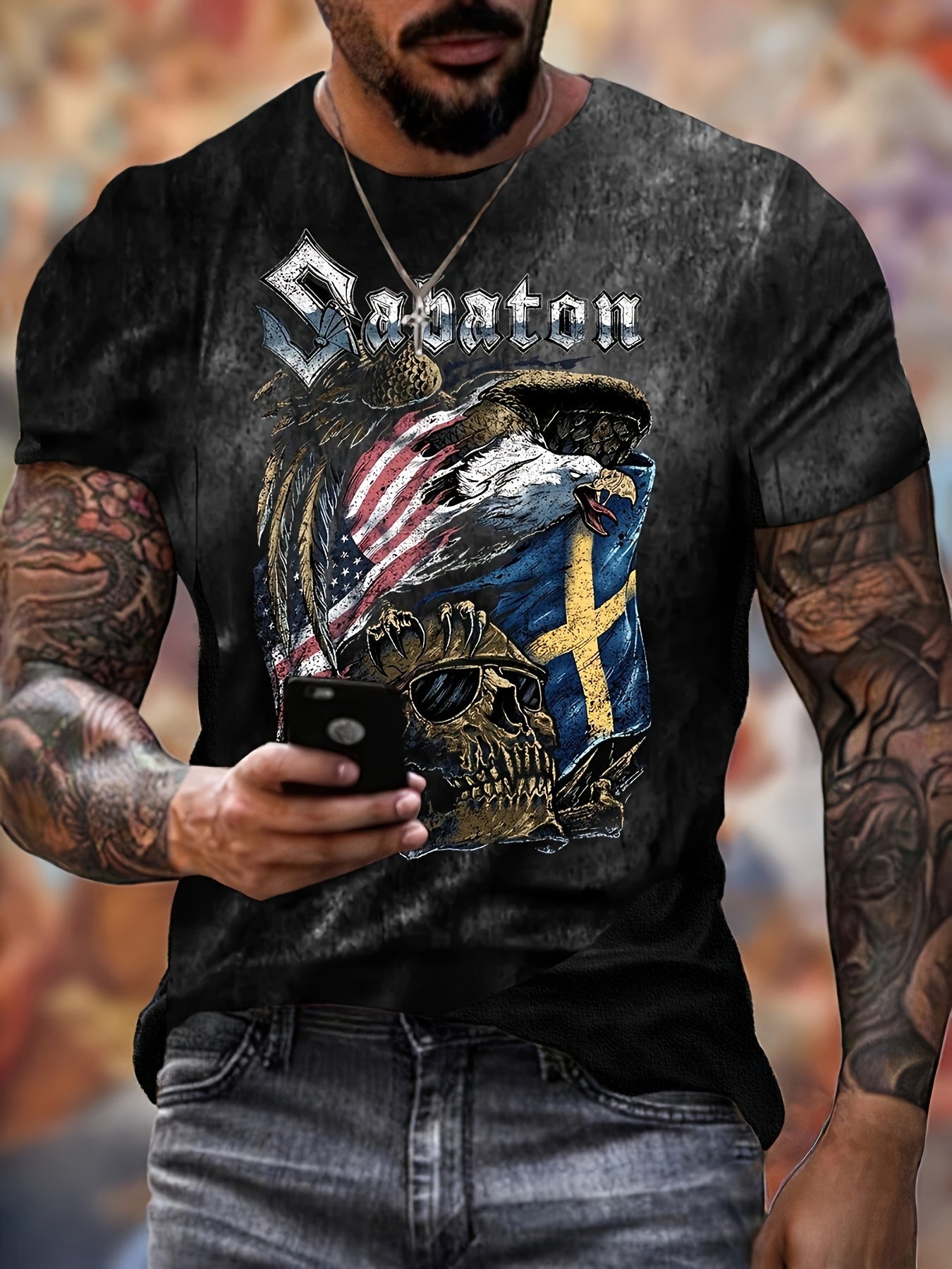Skull Eagle Flag Pattern Print Men's Short Sleeve T-shirt Graphic Tee