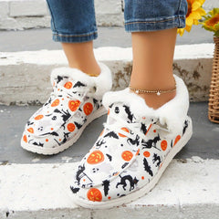 Women's Pumpkin Print Snow Boots Halloween Plush Lined Warm Canvas Loafers