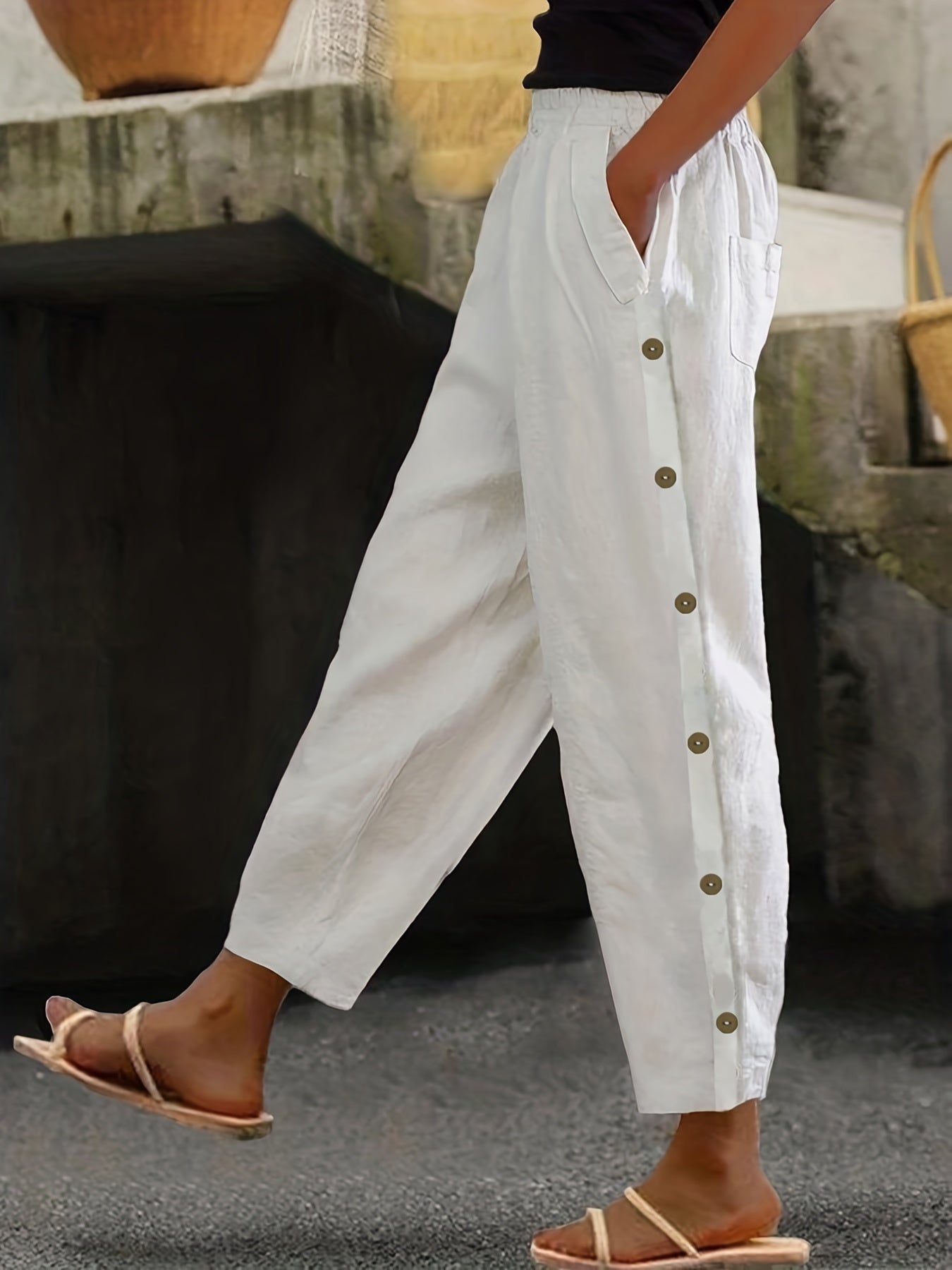 Solid Side Breasted Cropped Pants Casual Pocket Elastic Waist Pants