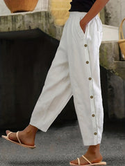 Solid Side Breasted Cropped Pants Casual Pocket Elastic Waist Pants