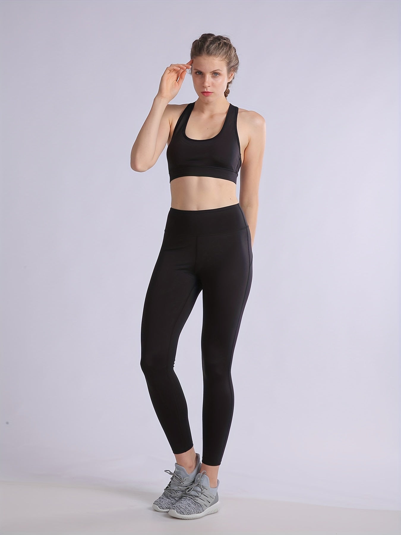 2pcs Solid Yoga Sports Bra & Leggings Set Women's Activewear