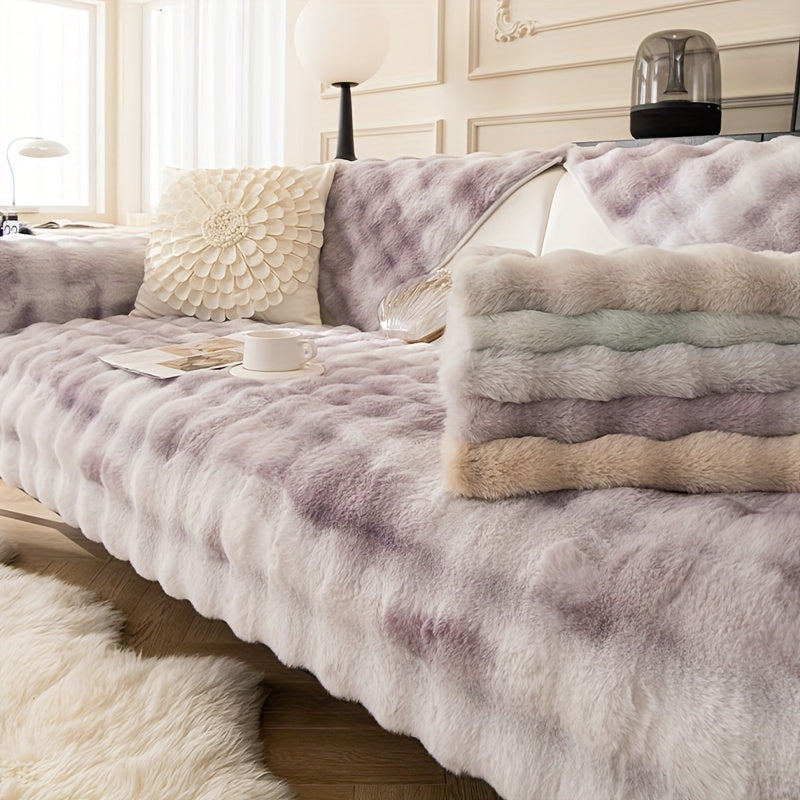 Gradient Faux Rabbit Plush Sofa Cover Winter Thickened Plush Sofa Slipcover
