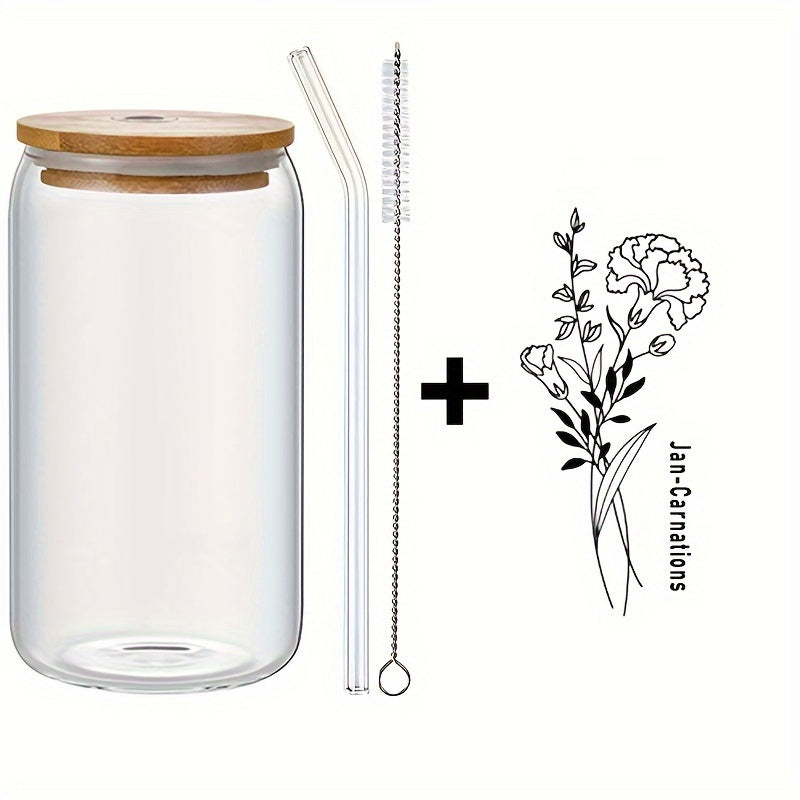 Birth Flower Glass Cup With Straw And Cleaning Brush