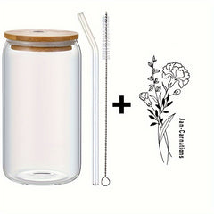 Birth Flower Glass Cup With Straw And Cleaning Brush