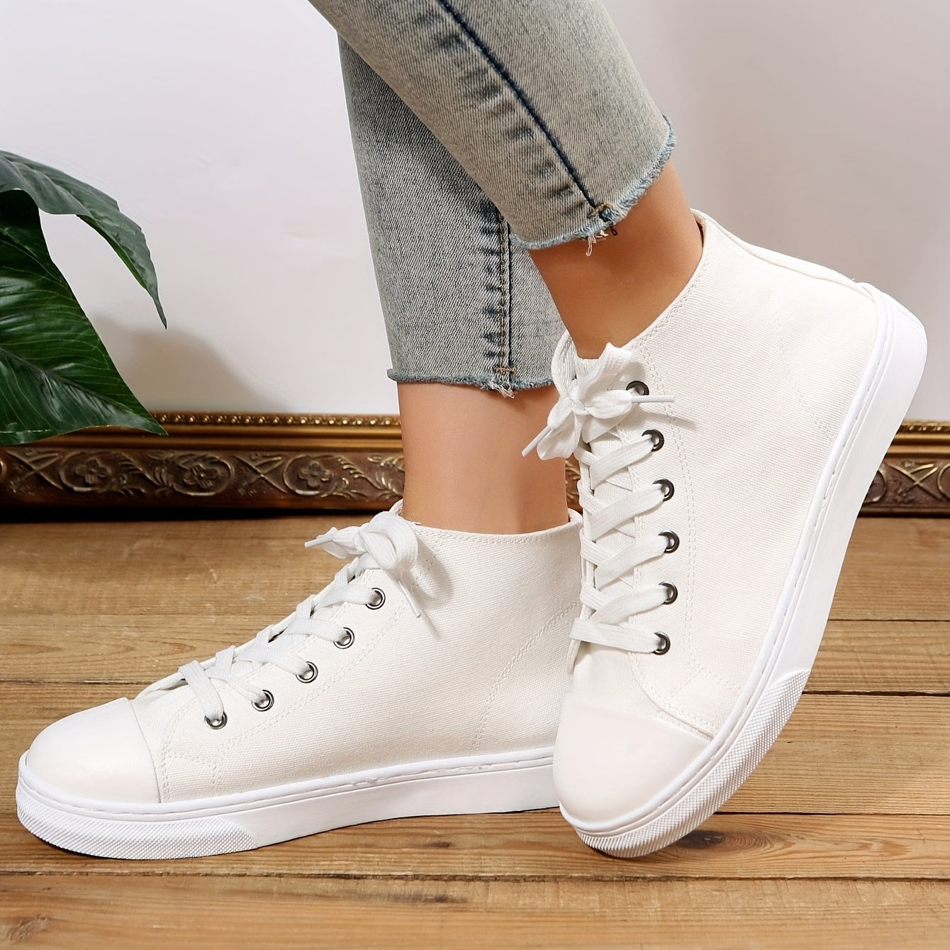Women's High Top Canvas Shoes Lace Up Sneakers Casual Flat Walking Shoes