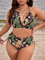 Boho Bikini Set Plus Size Floral Print Halter Bra & Lace Up Panty Swimsuit