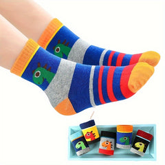 5 Pairs Boy's Cartoon Dinosaur Pattern Crew Socks - Unisex Outdoor Style