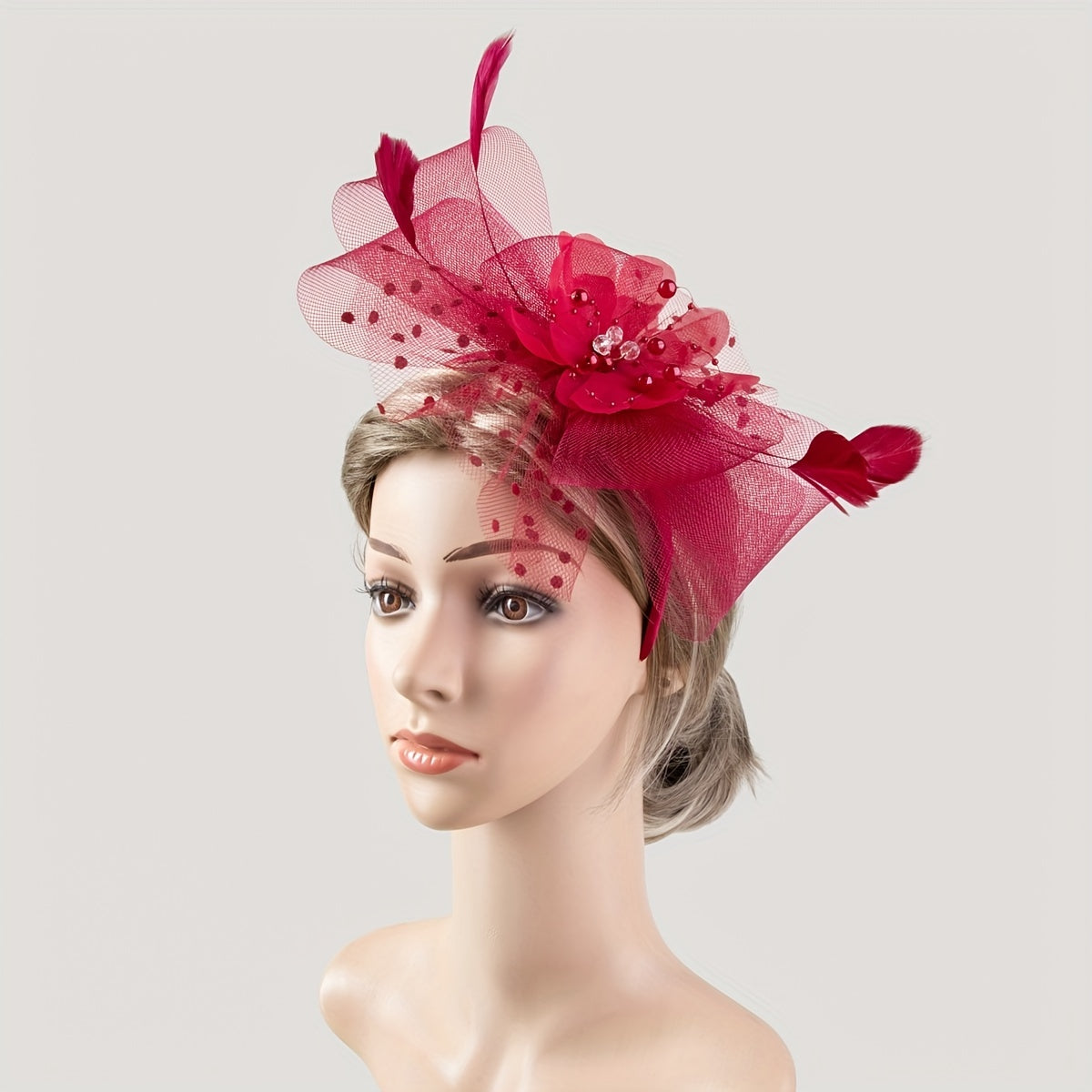 Red Flower Feather Fascinator Headband for Tea Party Wedding