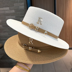 Wide Brim Straw Hat Metal Letter Belt Beach Sun Hat