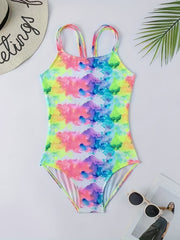 Girls' Tie Dye Hawaiian Swimsuit Iridescent Graphic Mid Stretch Suspenders