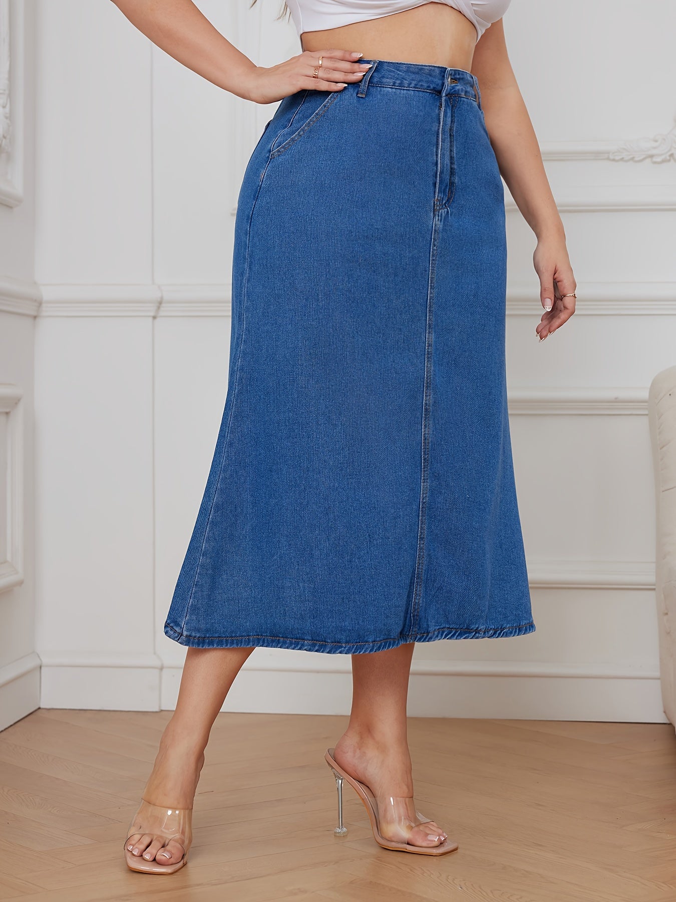 Women's Plus High Rise Maxi Denim Skirt, Button Fly, Casual Solid