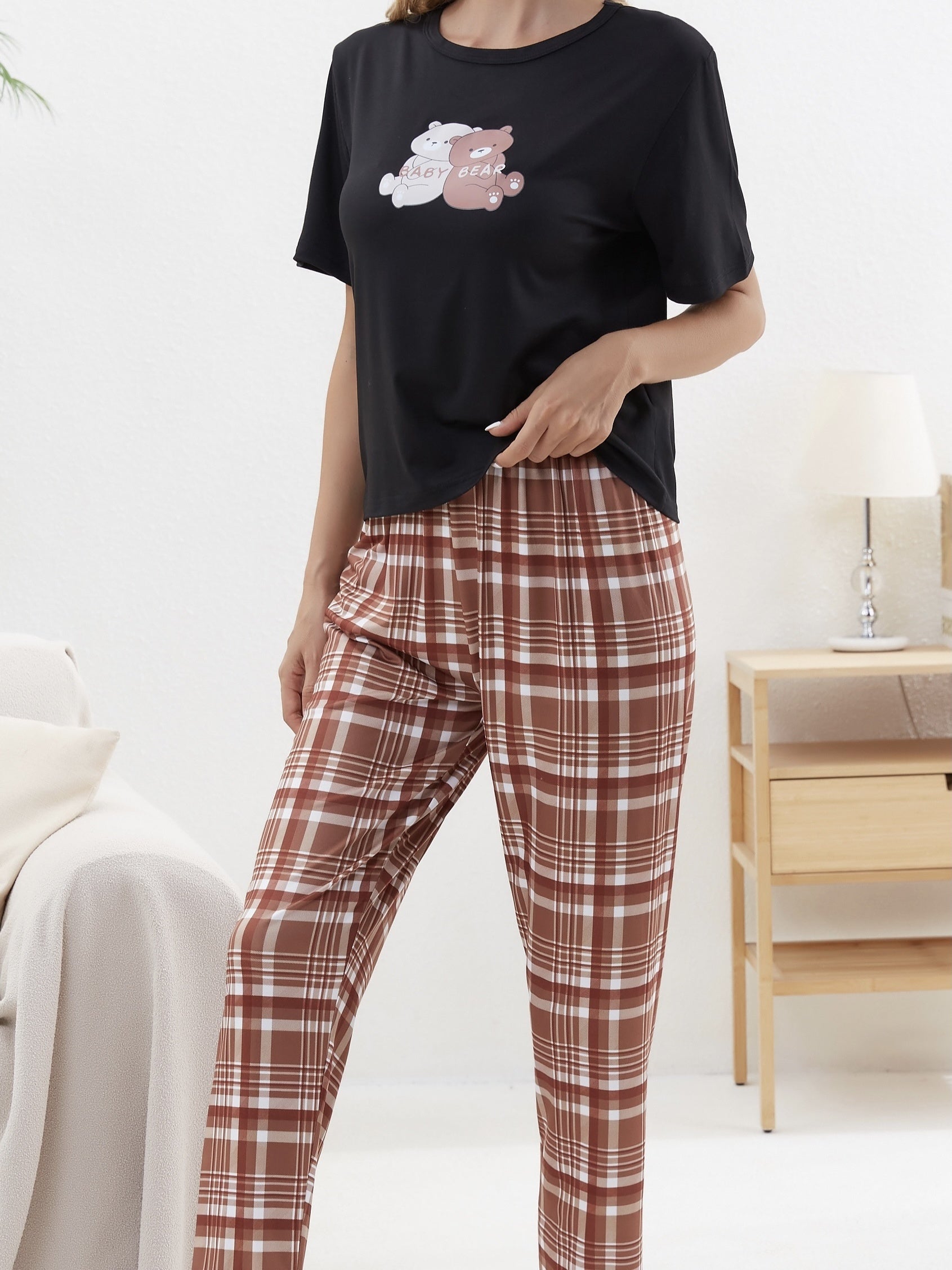Bear Print Pajama Set Top & Plaid Pants