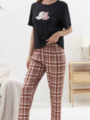 Bear Print Pajama Set Top & Plaid Pants