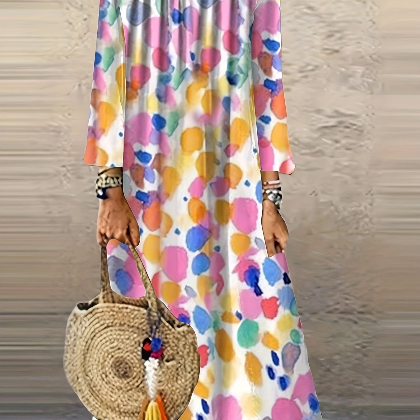 Print Long Sleeve Round Neck Dress