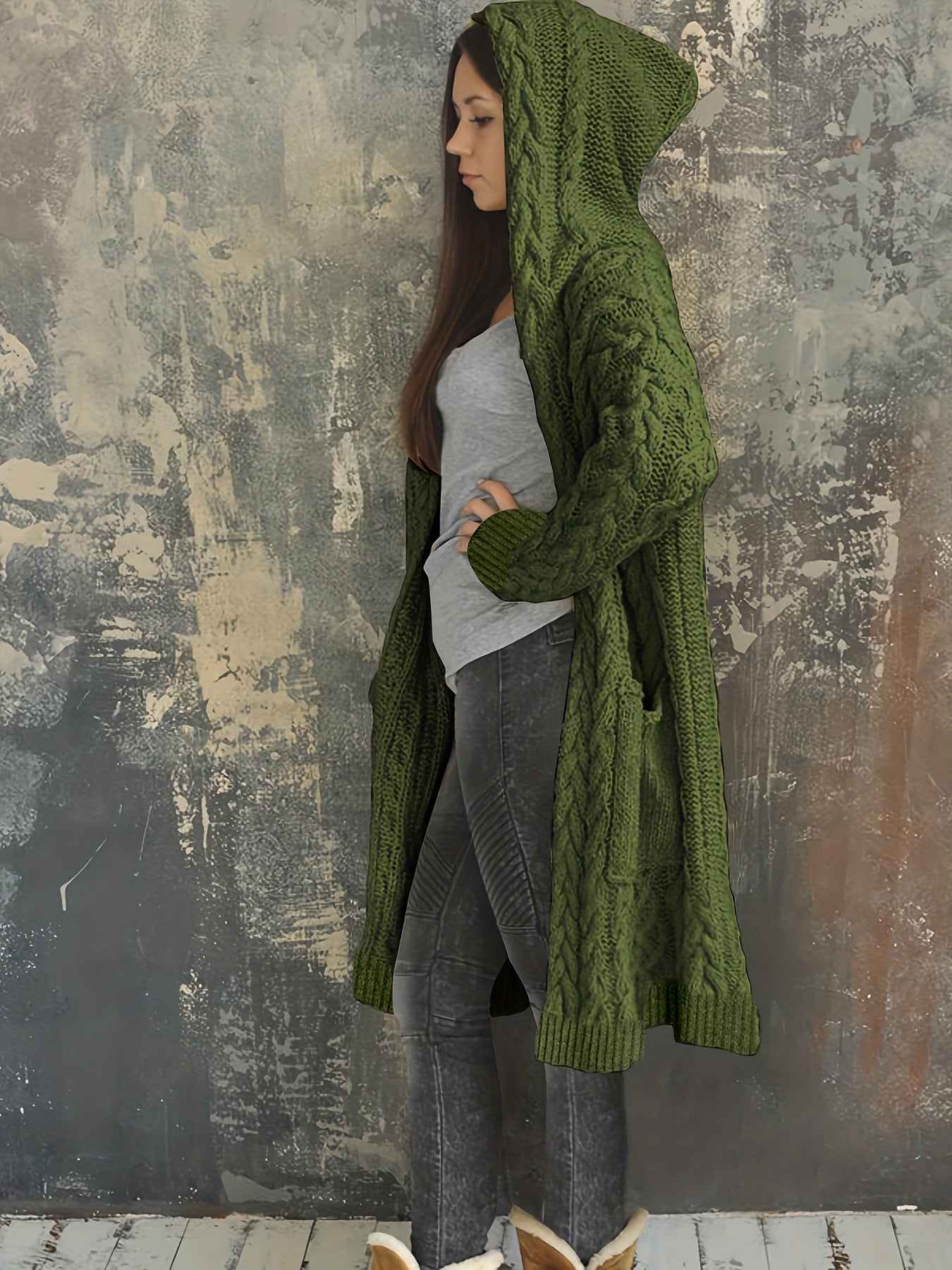 Chunky Knit Hooded Cardigan Long Open Front Sweater