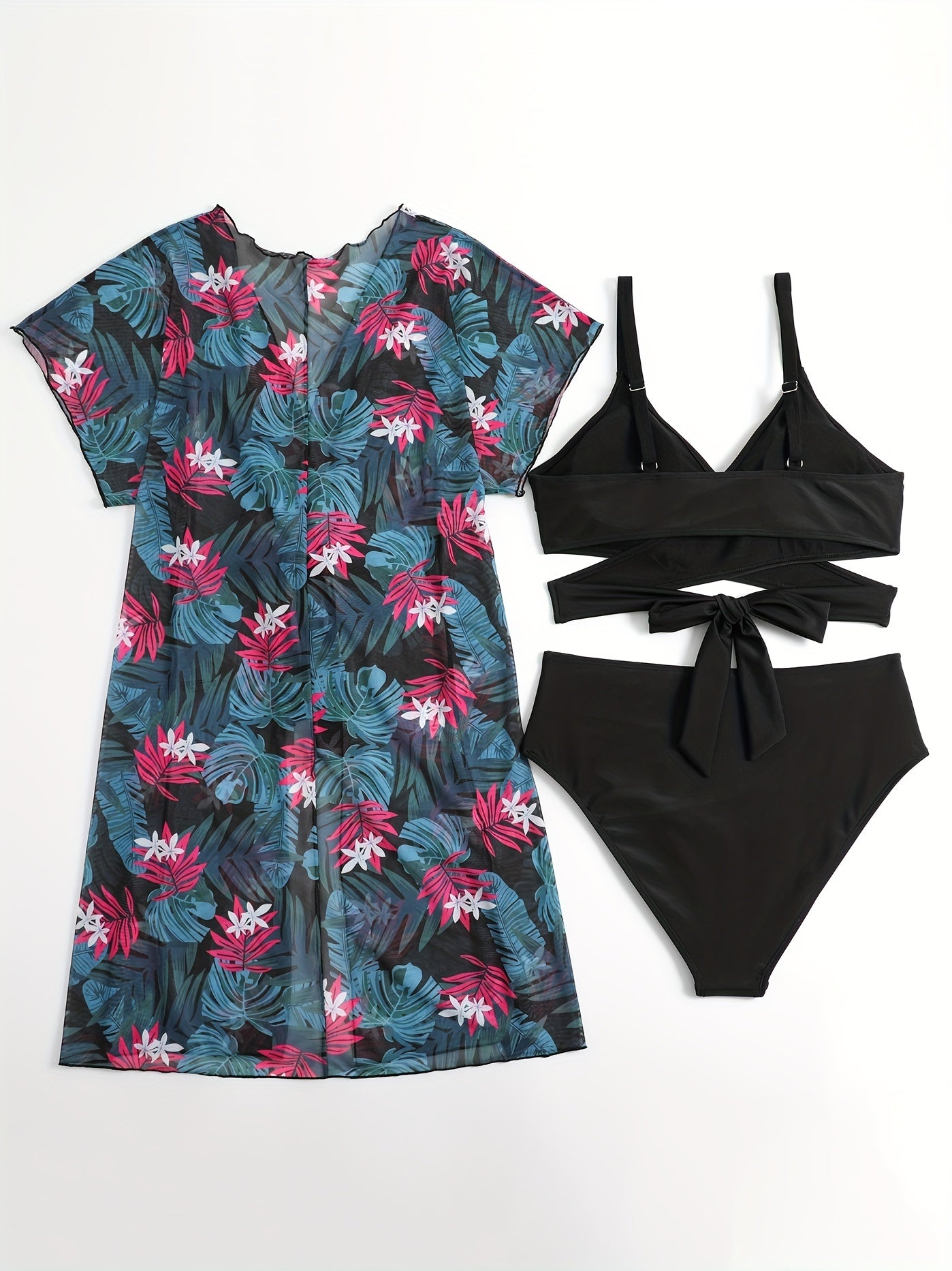 3 Pack Plus Size Vacay Swimsuit Set Women's Plus Bikini & Cover Up 3 Piece Set