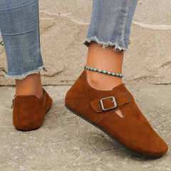 Women's Round Toe Solid Flat Ankle Buckle Shoes