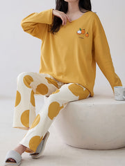 Cartoon Print Pajama Set Long Sleeve Crew Neck Top & Elastic Waistband Pants