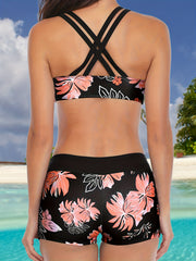 Floral Crisscross Back Tankini Set with Solid Tank Top Swimsuit