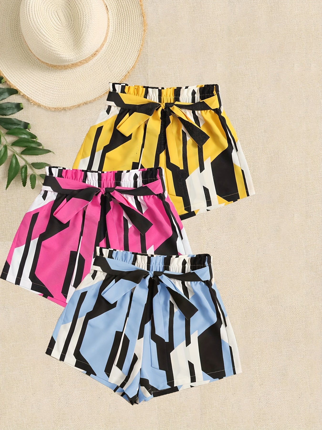Geometric Print 3-Pack Shorts Women's Casual Elastic Waist Lace Up