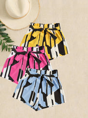 Geometric Print 3-Pack Shorts Women's Casual Elastic Waist Lace Up