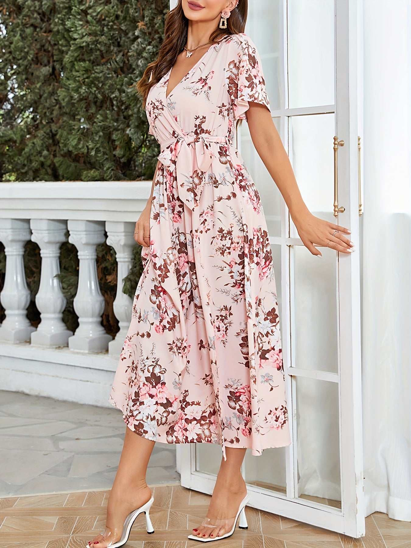 Floral Print Surplice Neck Dress Short Sleeve Split Dress