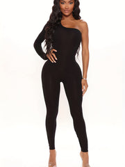 One Shoulder Solid Jumpsuit Women's Clothing