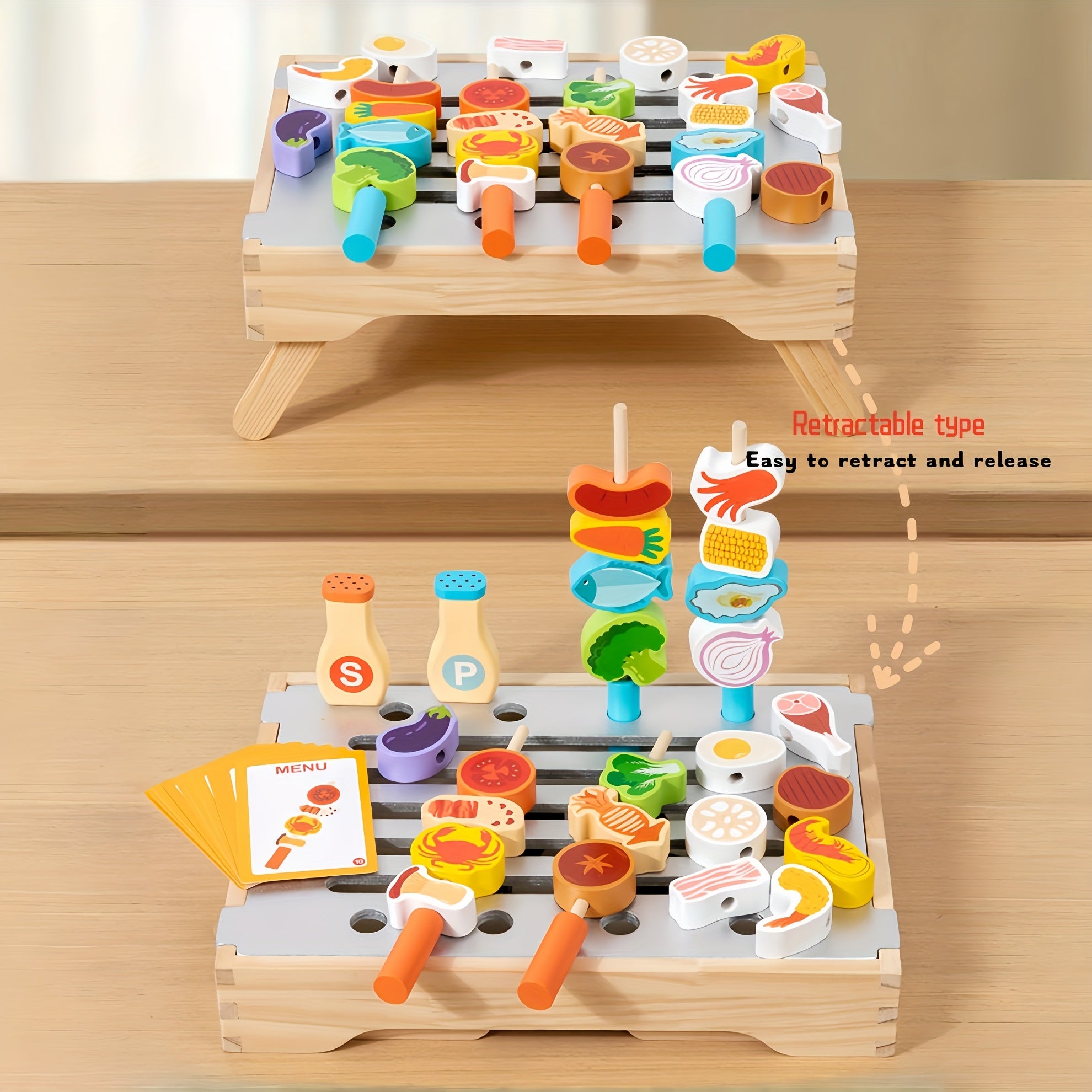 Wooden BBQ Toy Set 34pcs Kitchen Toys Little Barbecue Host Realistic Food
