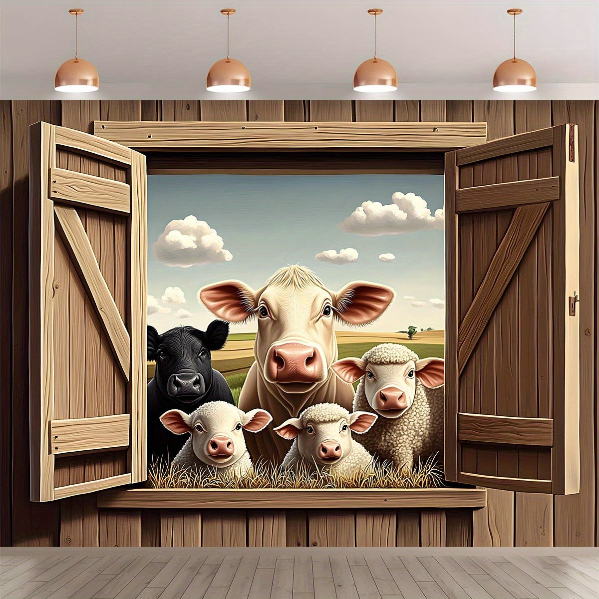Rustic Farm Animals Peep Through Window Wall Decor with Cow & Sheep Illustration