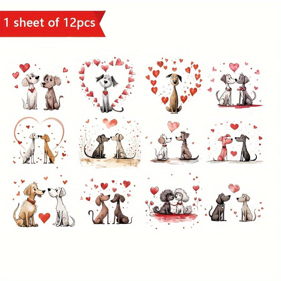 12pcs UV DTF Couple Dog Transfer Stickers Romantic Dogs in Love Hearts Couples