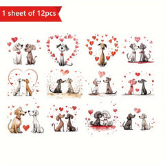 12pcs UV DTF Couple Dog Transfer Stickers Romantic Dogs in Love Hearts Couples