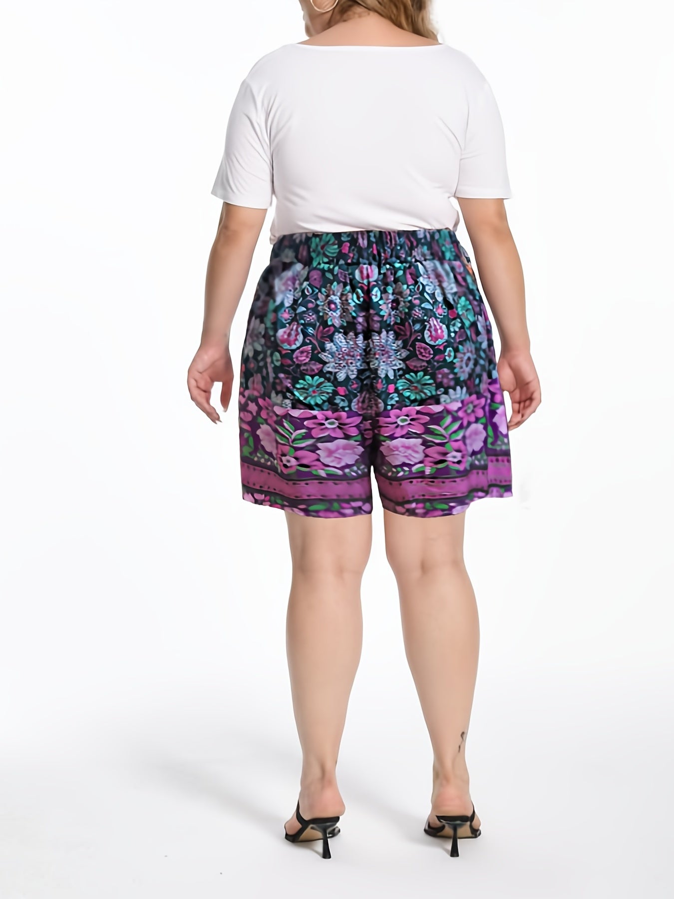 Boho Shorts Women's Plus Floral Border Print Loose Wide Leg