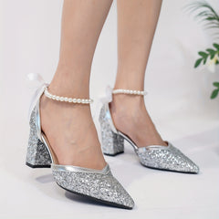 Pearl Ankle Strap Pumps Chunky Heels Glitter Summer Shoes