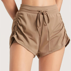Solid Drawstring Sports Shorts Side Pleated Yoga Fitness Shorts