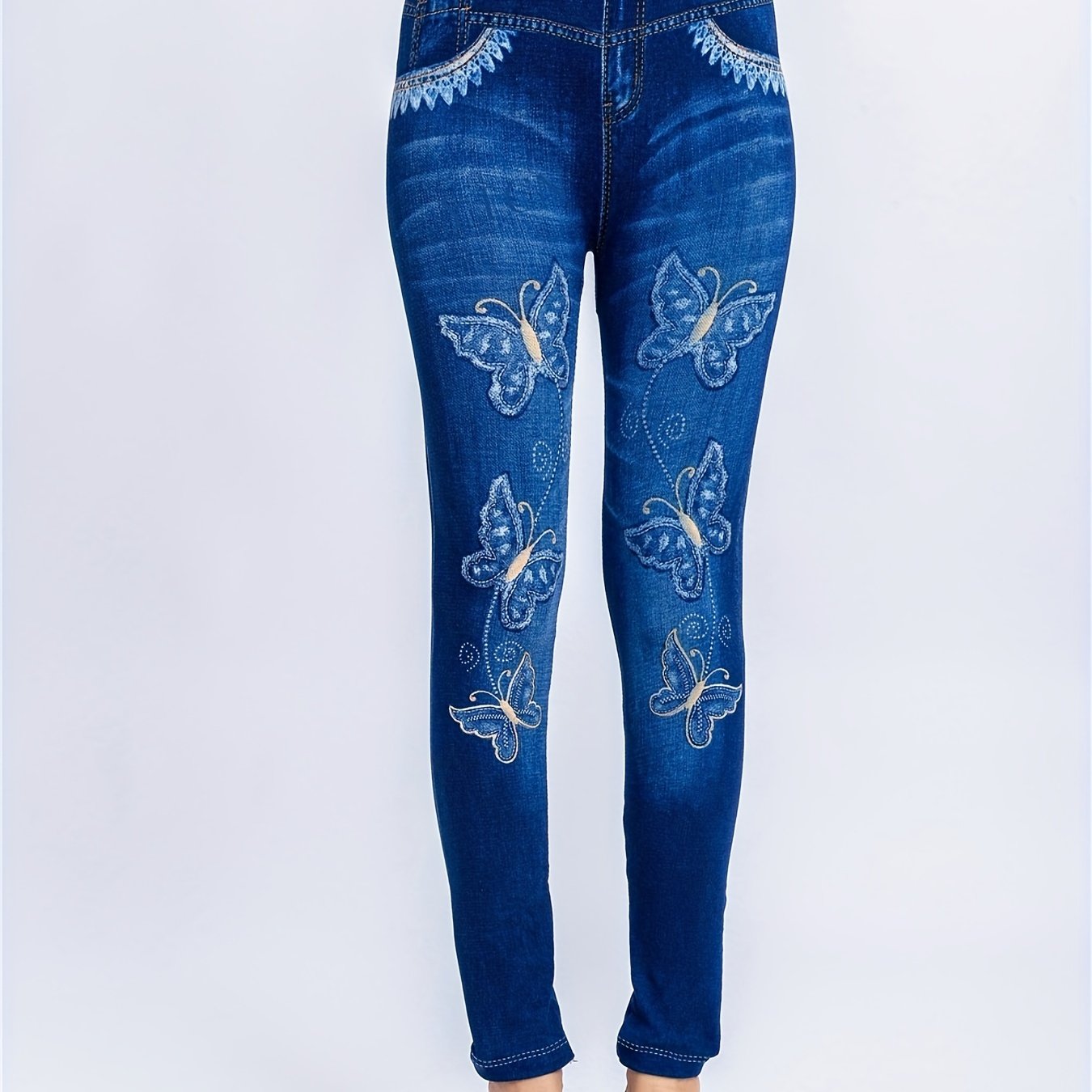 Denim & Butterfly Print Leggings Casual Stretchy Leggings